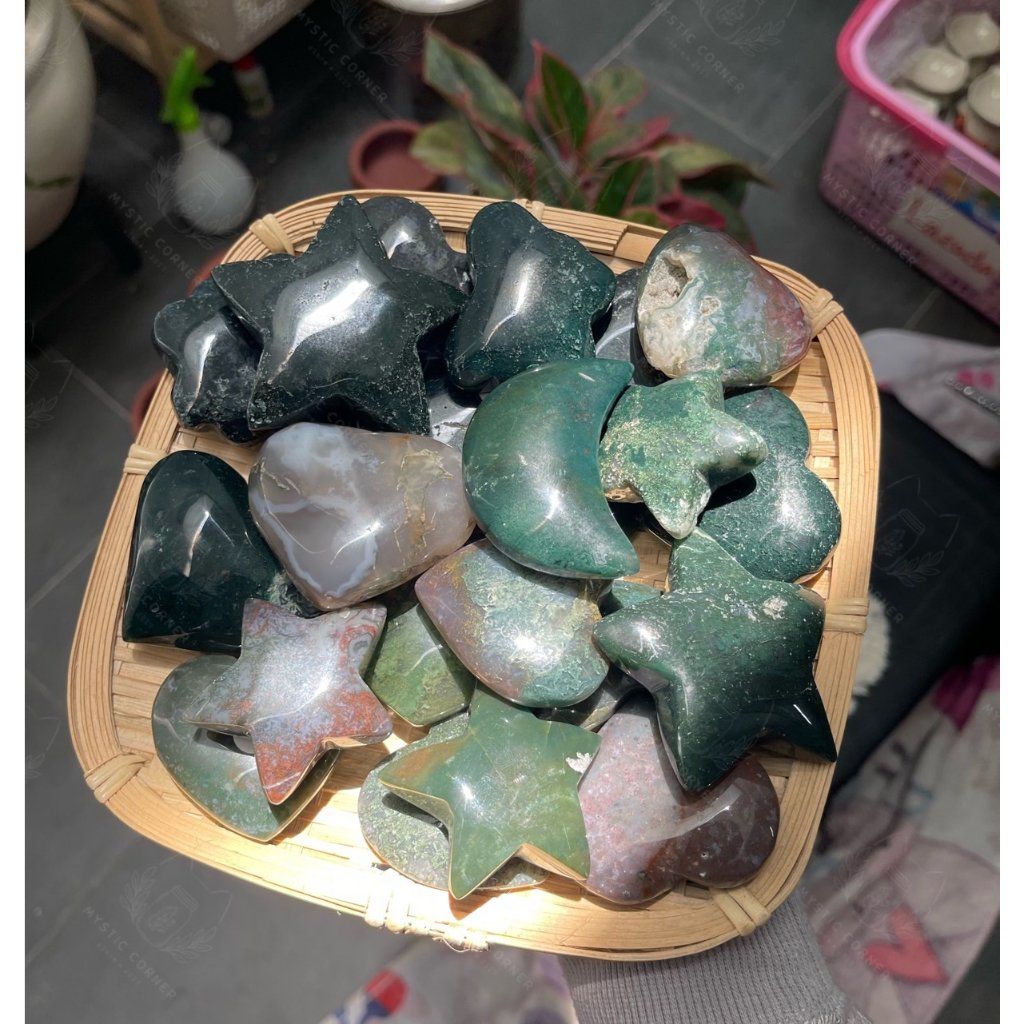 Tim, Sao, Trăng đá mã não rêu (Moss Agate) tự nhiên dùng thanh tẩy Tarot, đá phong thuỷ, Reiki, thiền định