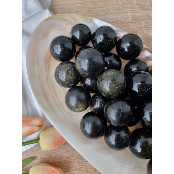 Cầu đá Black Obsidian Gold Sheen (đá núi lửa) làm Grid, trụ thanh tẩy Tarot, Reiki, thiền định, đá phong thủy