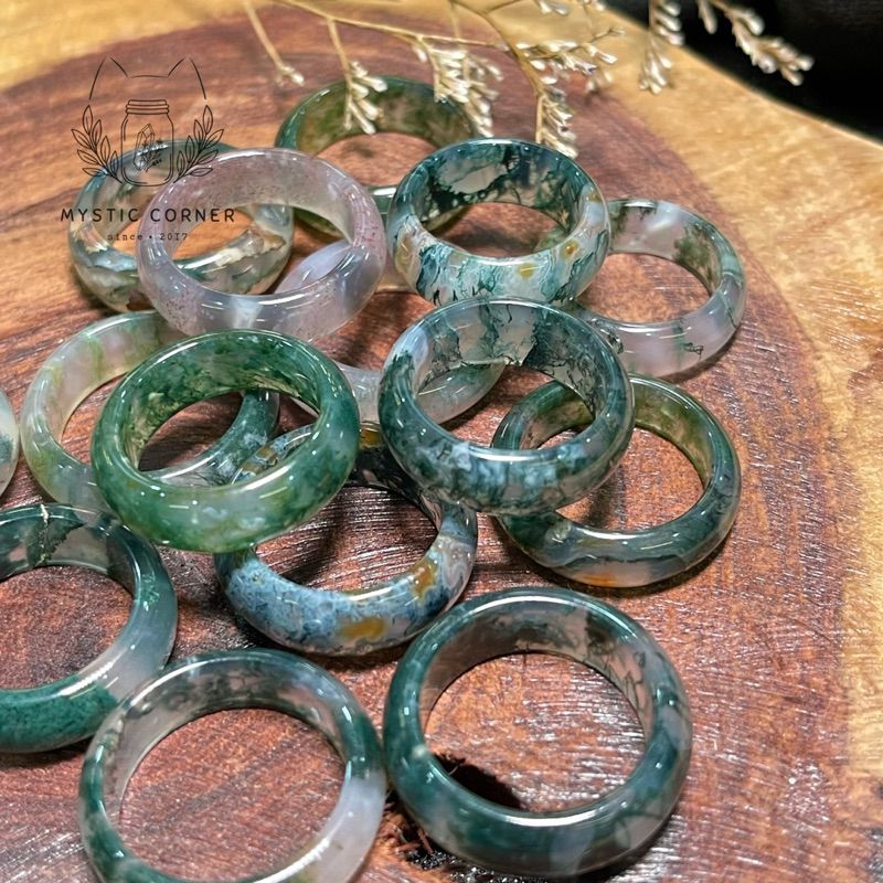 Nhẫn rêu Băng Ngọc Thuỷ Tảo (Moss Agate) đá mã não, đá phong thuỷ