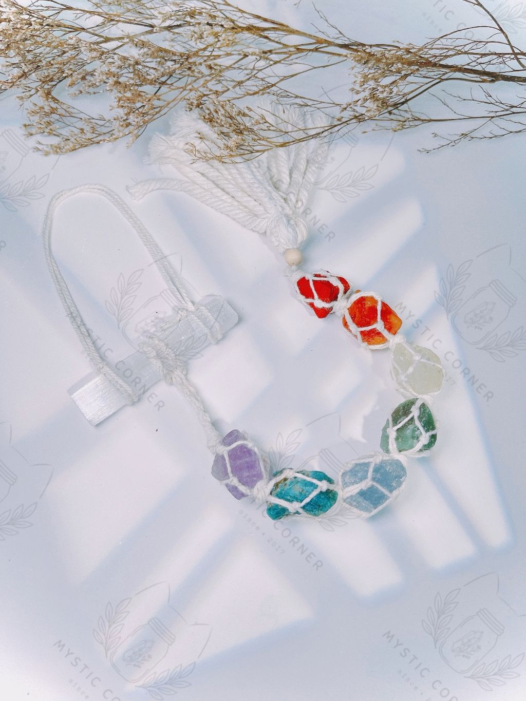 Dây treo đá thạch anh thô 7 luân xa kèm thanh Selenite, đá thanh tẩy, reiki