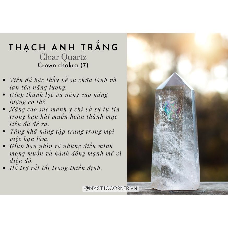 Trụ đá thạch anh Trắng (Clear Quartz) làm Grid, thanh tẩy trong Tarot, Reiki, thiền định, phong thủy