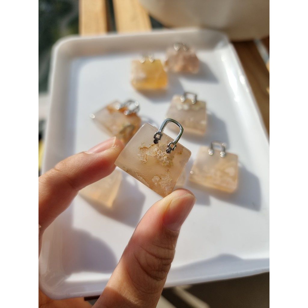 Charm túi đá hoa anh đào (Blossom Agate), dùng thanh tẩy trong Tarot, Reiki, thiền định, phong thủy