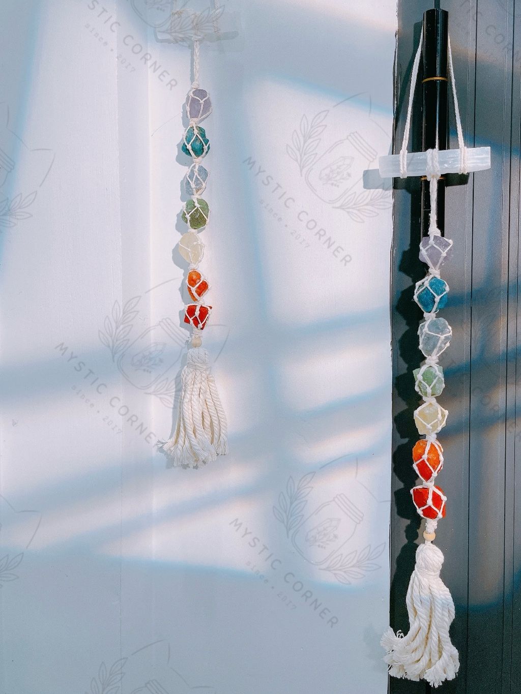 Dây treo đá thạch anh thô 7 luân xa kèm thanh Selenite, đá thanh tẩy, reiki