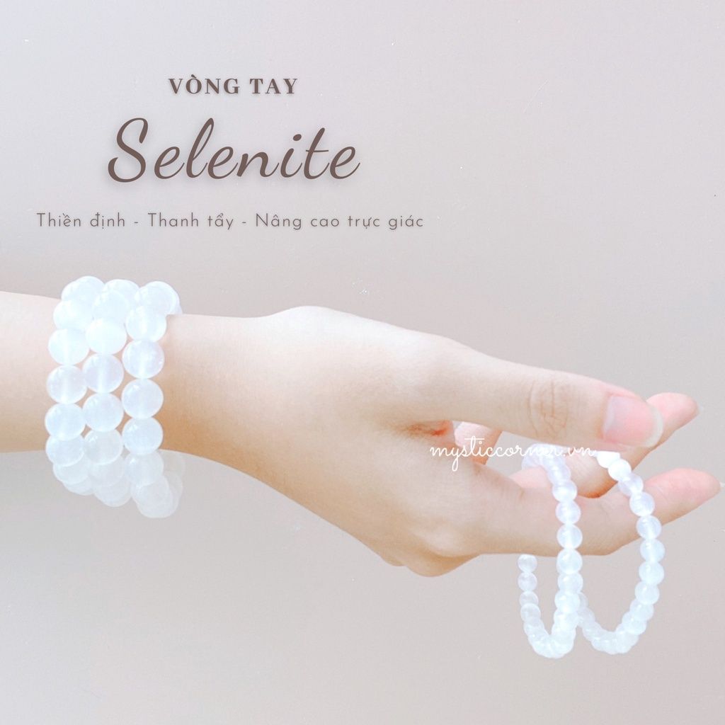 Vòng tay đá Selenite, vòng chuỗi hạt đá 6 li, 8 li