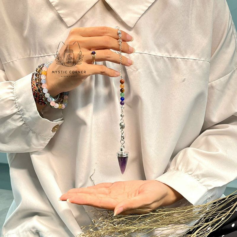 Con lắc cảm xạ đá thạch anh hồng Rose Quartz dây 7 luân xa charm Buddha, Om
