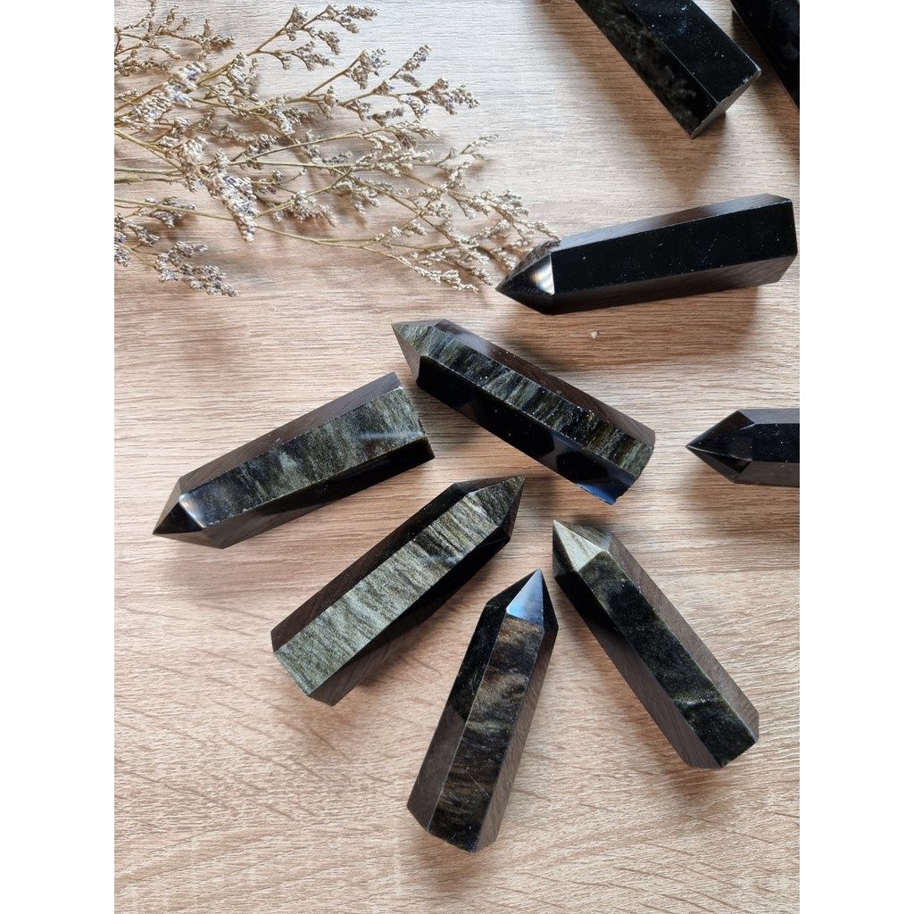 Trụ đá thanh tẩy Black Obsidian Gold Sheen, trụ đá thạch anh dùng trong Tarot, Reiki, đá phong thủy