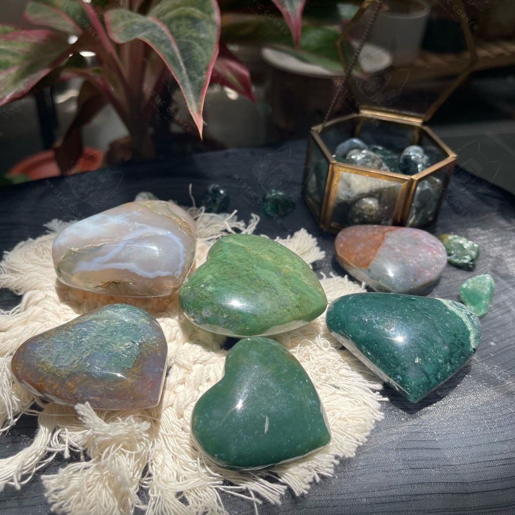 Tim, Sao, Trăng đá mã não rêu (Moss Agate) tự nhiên dùng thanh tẩy Tarot, đá phong thuỷ, Reiki, thiền định