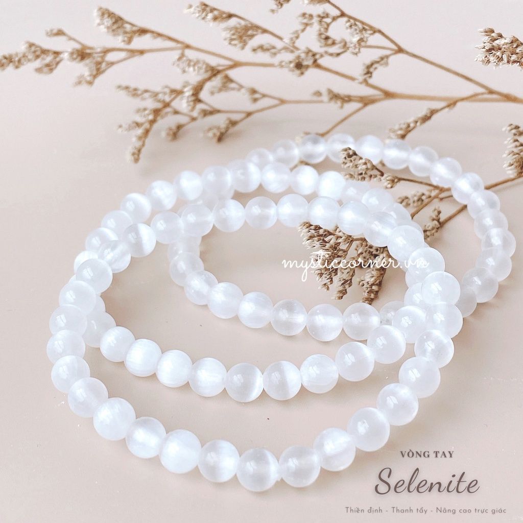 Vòng tay đá Selenite, vòng chuỗi hạt đá 6 li, 8 li