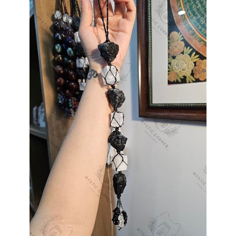 Dây treo bảo vệ đá Black Tourmaline kết hợp Selenite, đá phong thủy, đá thanh tẩy