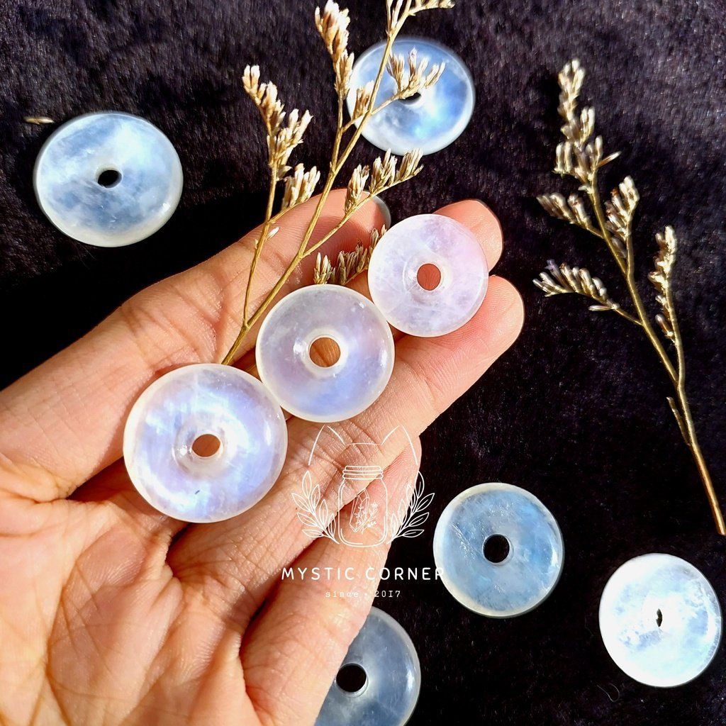 Đồng điếu Moonstone (đá Mặt Trăng) chất trong, ánh lửa xanh chất lượng cao, dùng làm trang sức, phong thủy, Reiki
