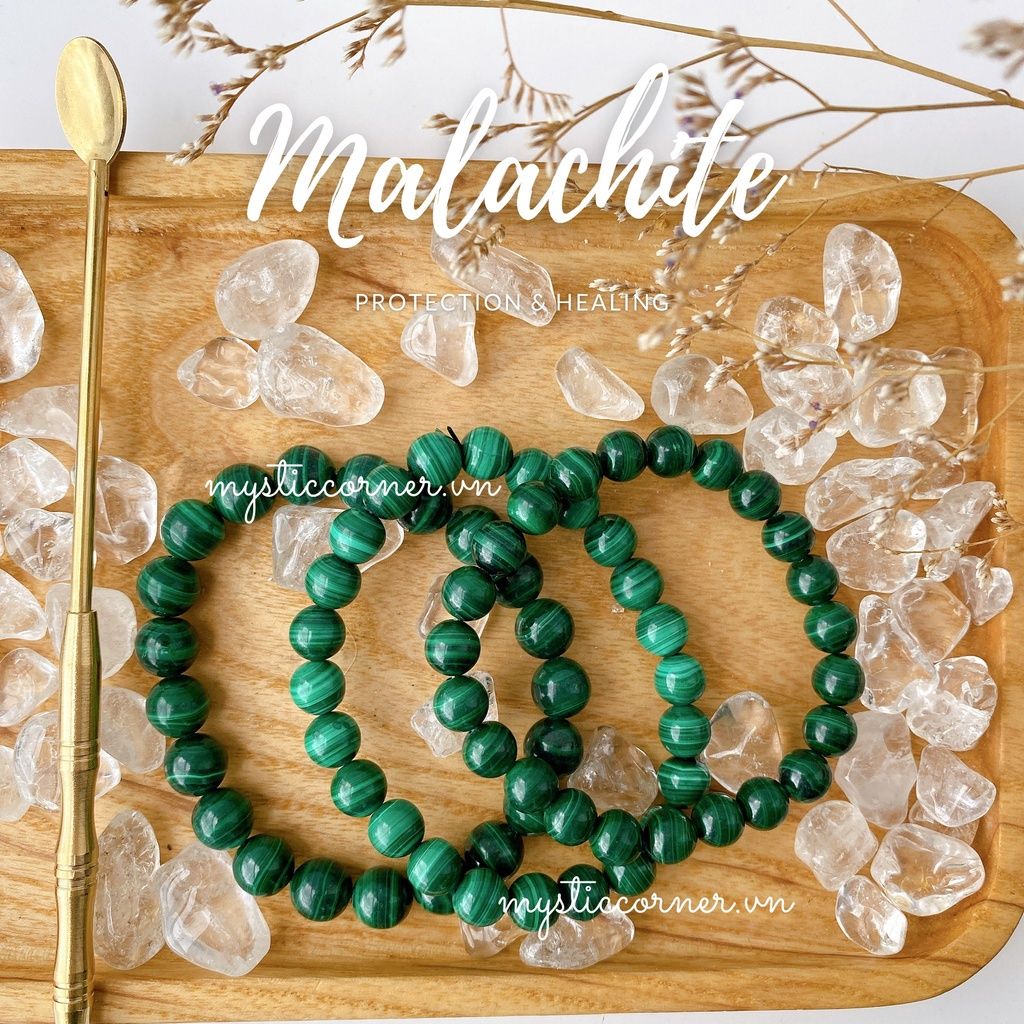 Vòng chuỗi hạt đơn và quấn 3 vòng tay đá Malachite (Đá Lông Công) size 6li - 10li