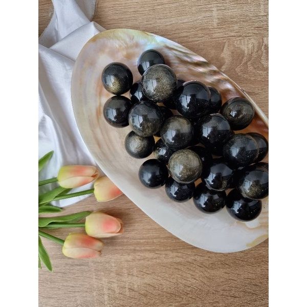 Cầu đá Black Obsidian Gold Sheen (đá núi lửa) làm Grid, trụ thanh tẩy Tarot, Reiki, thiền định, đá phong thủy