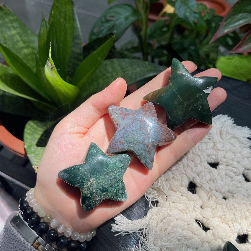 Tim, Sao, Trăng đá mã não rêu (Moss Agate) tự nhiên dùng thanh tẩy Tarot, đá phong thuỷ, Reiki, thiền định