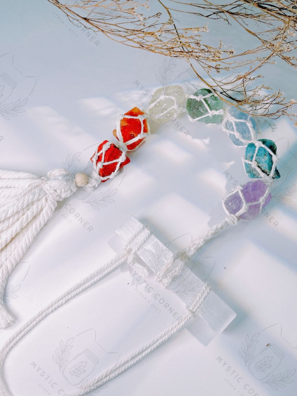 Dây treo đá thạch anh thô 7 luân xa kèm thanh Selenite, đá thanh tẩy, reiki