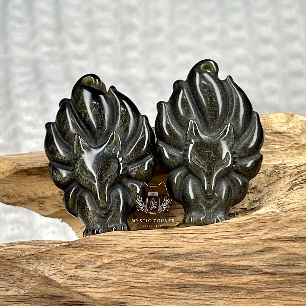 Mặt dây chuyền Hồ Ly 9 đuôi đá Obsidian Gold Sheen tự nhiên