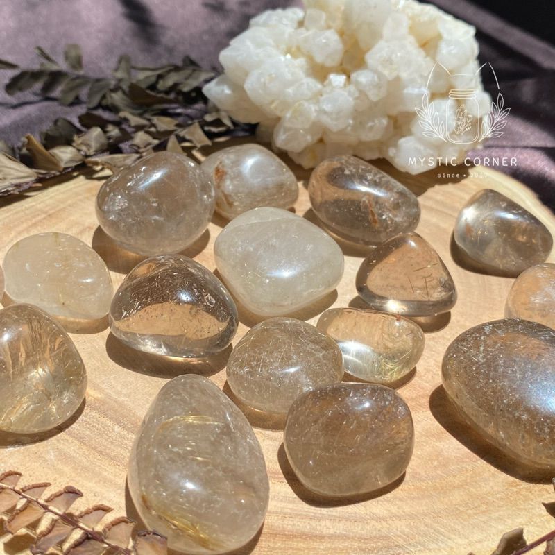 Viên đá thạch anh tóc (rutilated quartz tumbled), đá phong thuỷ, tài lộc