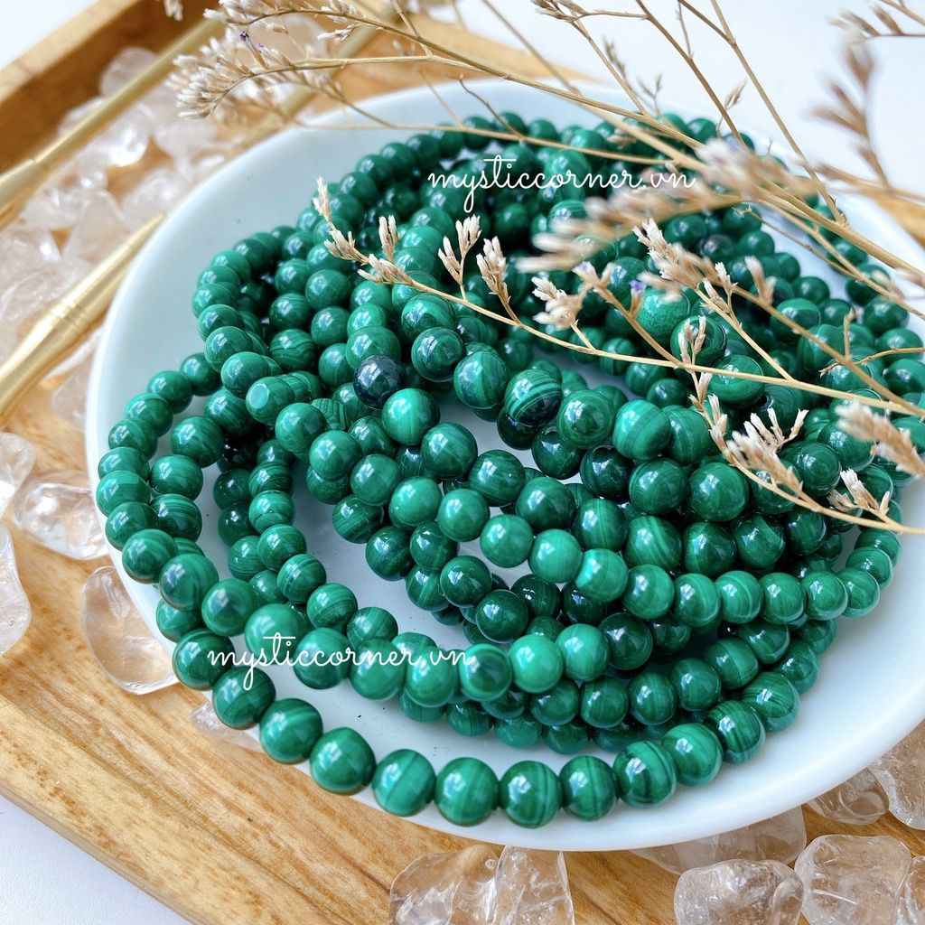 Vòng chuỗi hạt đơn và quấn 3 vòng tay đá Malachite (Đá Lông Công) size 6li - 10li
