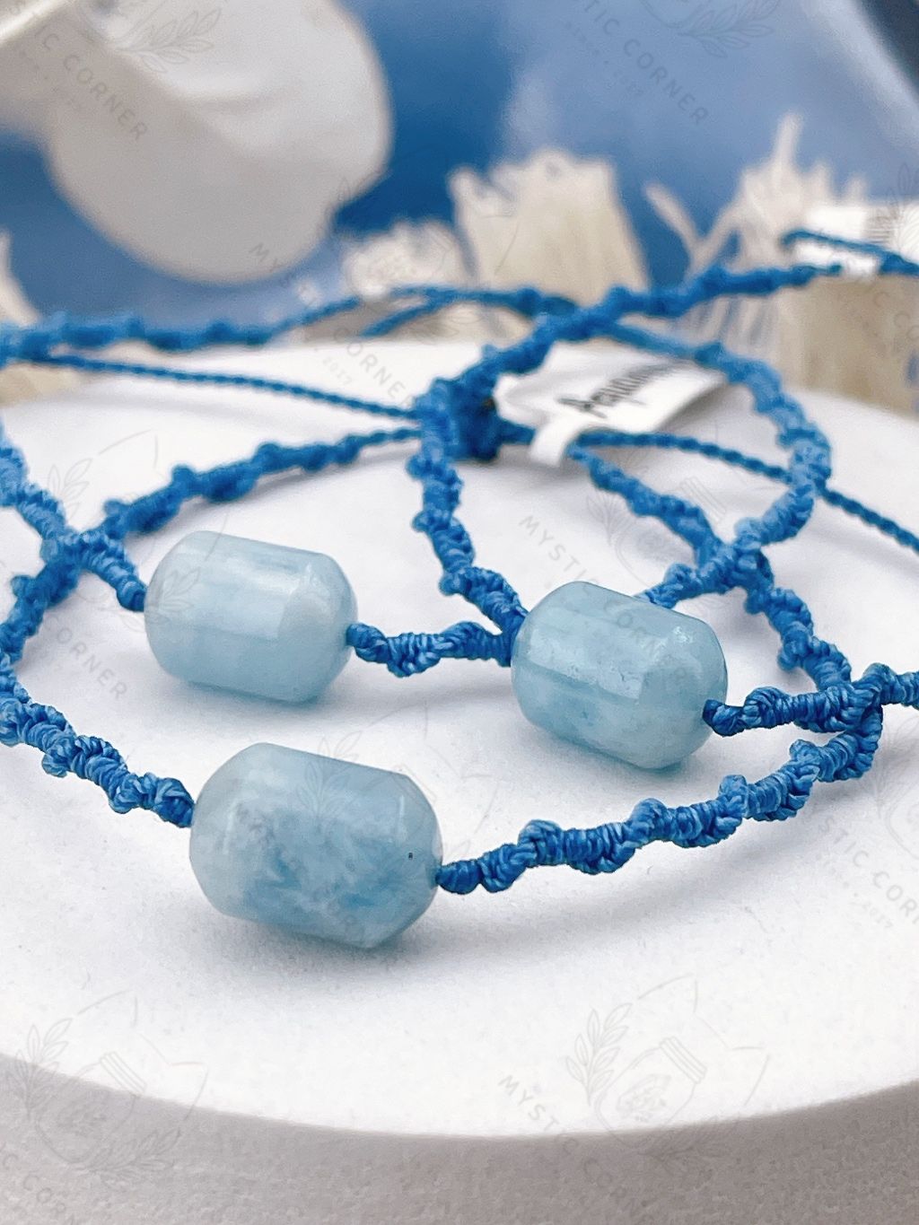 Vòng tay đá phong thuỷ Aquamarine macrame lu thống hỗ trợ luân xa 5, học tập, ý tưởng, giao tiếp, tự tin