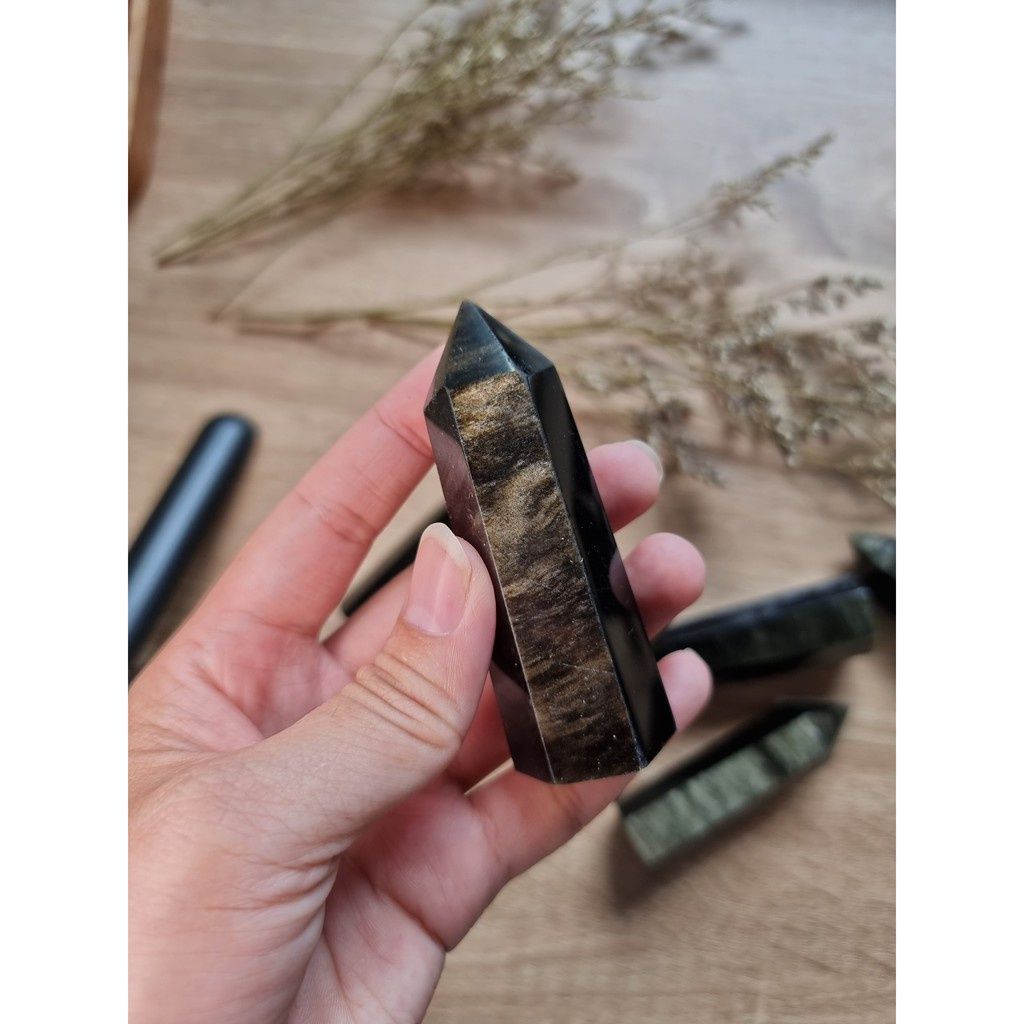 Trụ đá thanh tẩy Black Obsidian Gold Sheen, trụ đá thạch anh dùng trong Tarot, Reiki, đá phong thủy