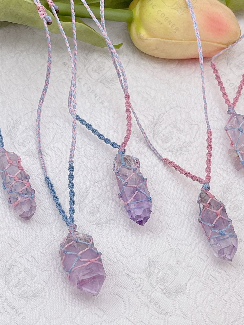 Dây chuyền Macrame Thạch anh Tím Vera Cruz Amethyst in Mexico, vòng cổ đá năng lượng hỗ trợ trực giác, tinh thần