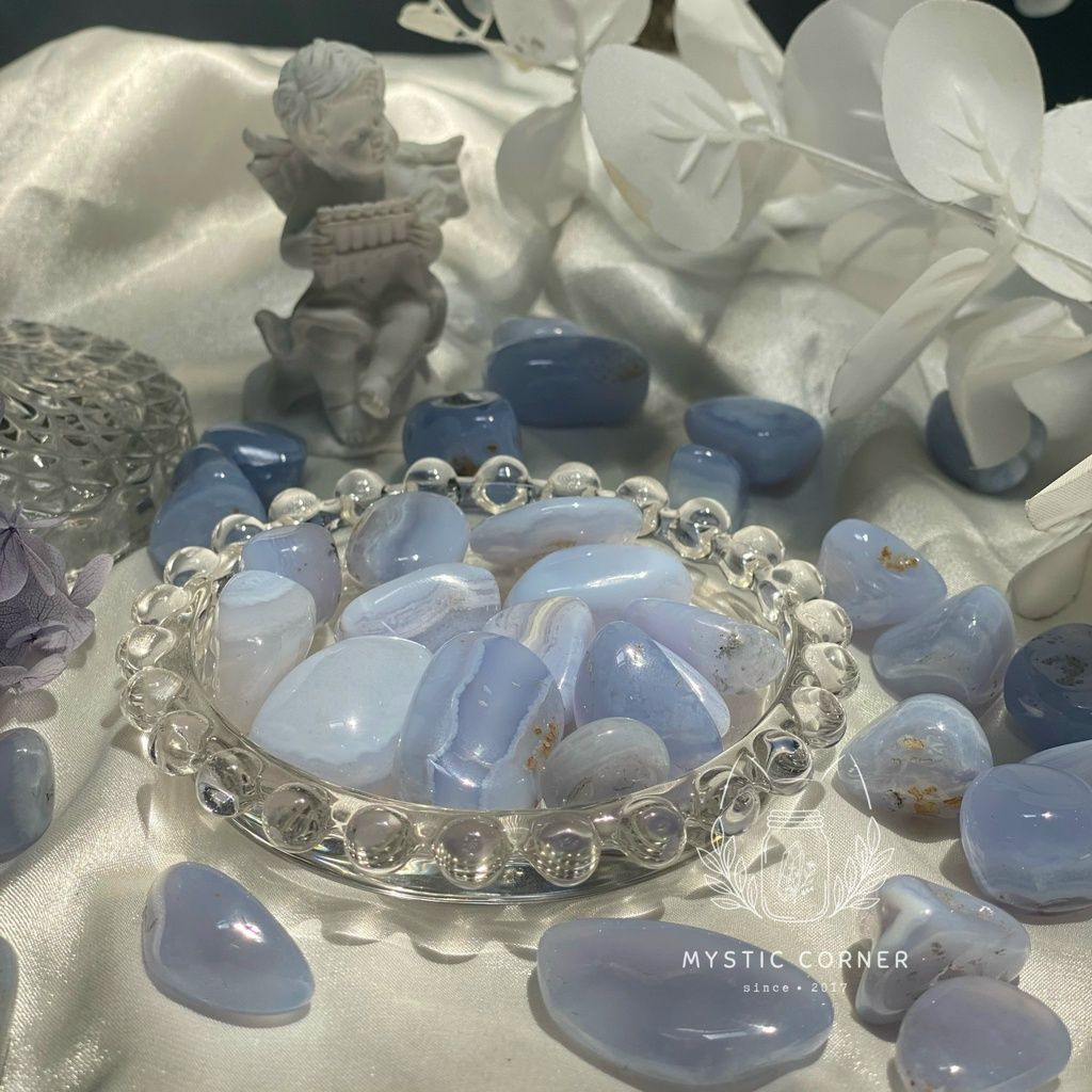 Tumbled Blue Lace (Viên đá Mã Não Ren), đá hỗ trợ luân xa 5, đá thạch anh, đá thanh tẩy, đá phong thuỷ