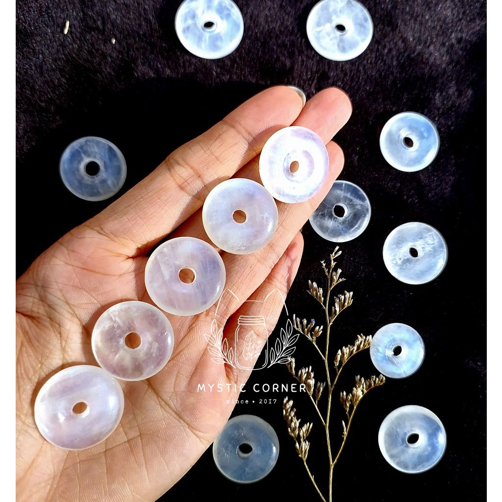 Đồng điếu Moonstone (đá Mặt Trăng) chất trong, ánh lửa xanh chất lượng cao, dùng làm trang sức, phong thủy, Reiki
