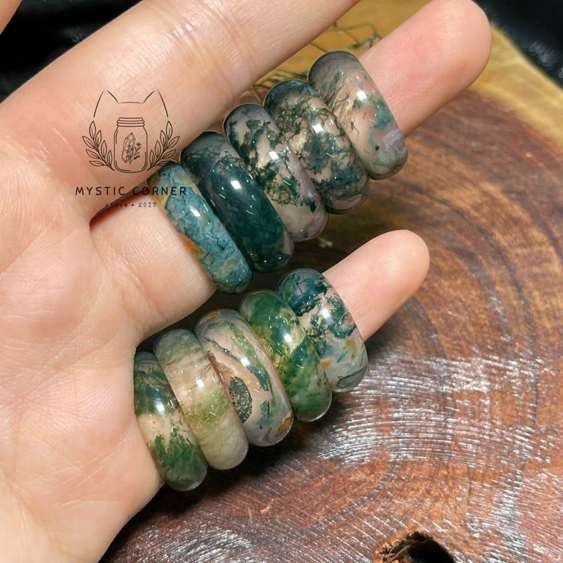 Nhẫn rêu Băng Ngọc Thuỷ Tảo (Moss Agate) đá mã não, đá phong thuỷ