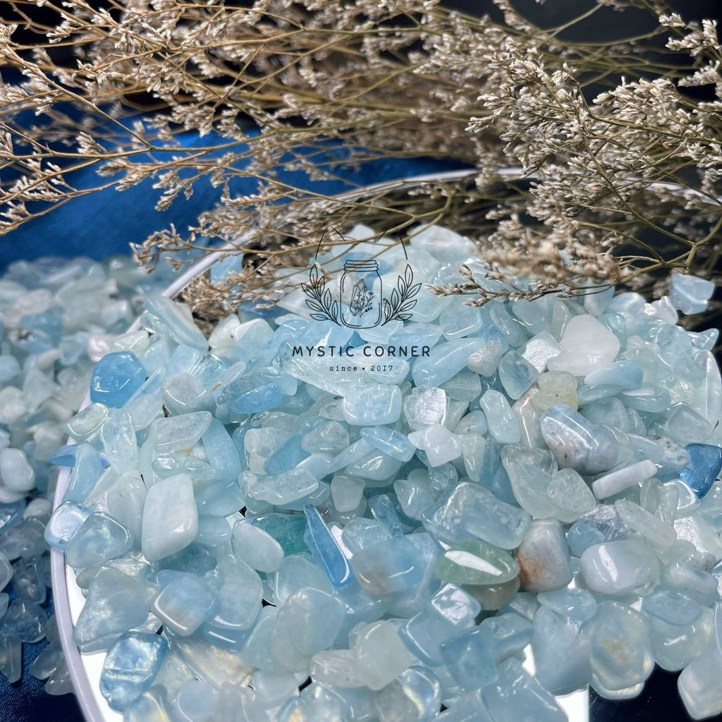 Vụn đá Aquamarine hỗ trợ học tập, luân xa 5, đá thanh tẩy, đá thạch anh, đá phong thuỷ