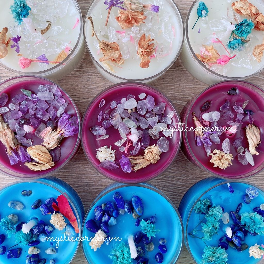 Nến tealight, nến thơm năng lượng Candle healing kết hợp với đá thạch anh và thảo mộc