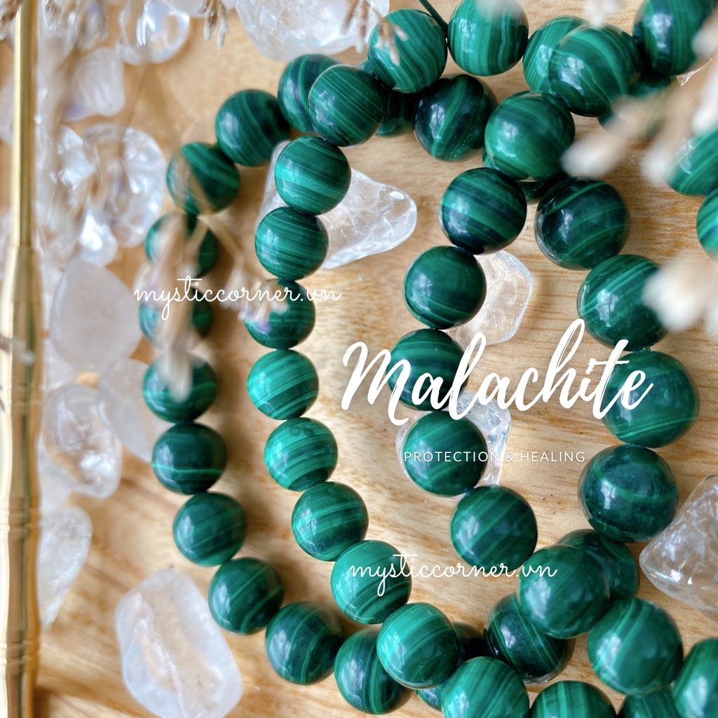 Vòng chuỗi hạt đơn và quấn 3 vòng tay đá Malachite (Đá Lông Công) size 6li - 10li