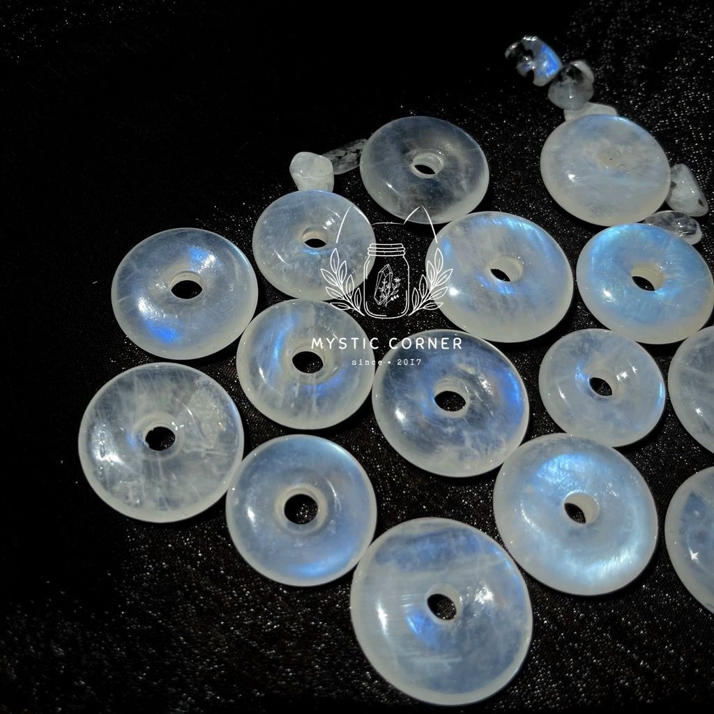 Đồng điếu Moonstone (đá Mặt Trăng) chất trong, ánh lửa xanh chất lượng cao, dùng làm trang sức, phong thủy, Reiki