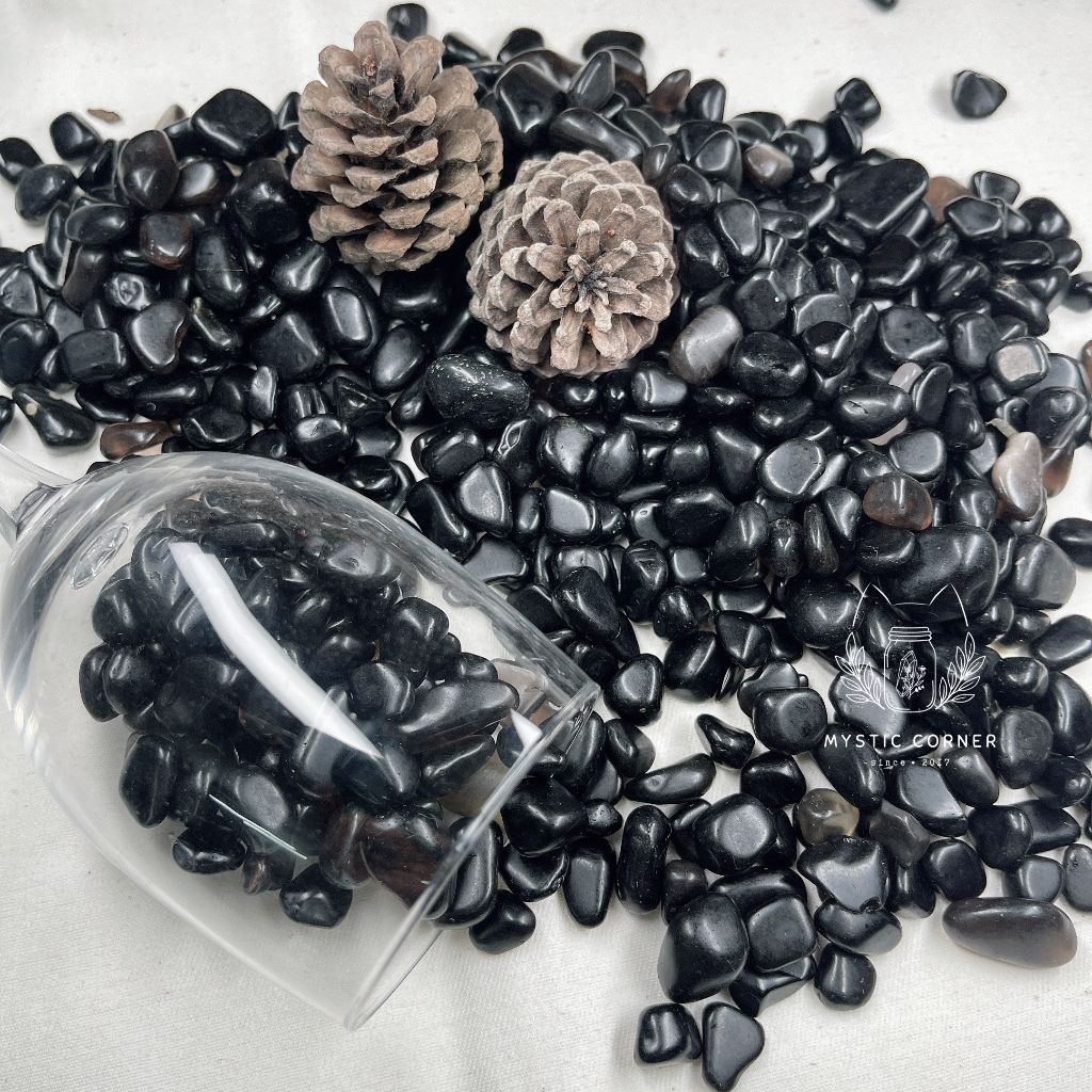 Vụn đá Black Obsidian (đá thuỷ tinh núi lửa), đá thạch anh, đá thanh tẩy bài Tarot, đá phong thuỷ
