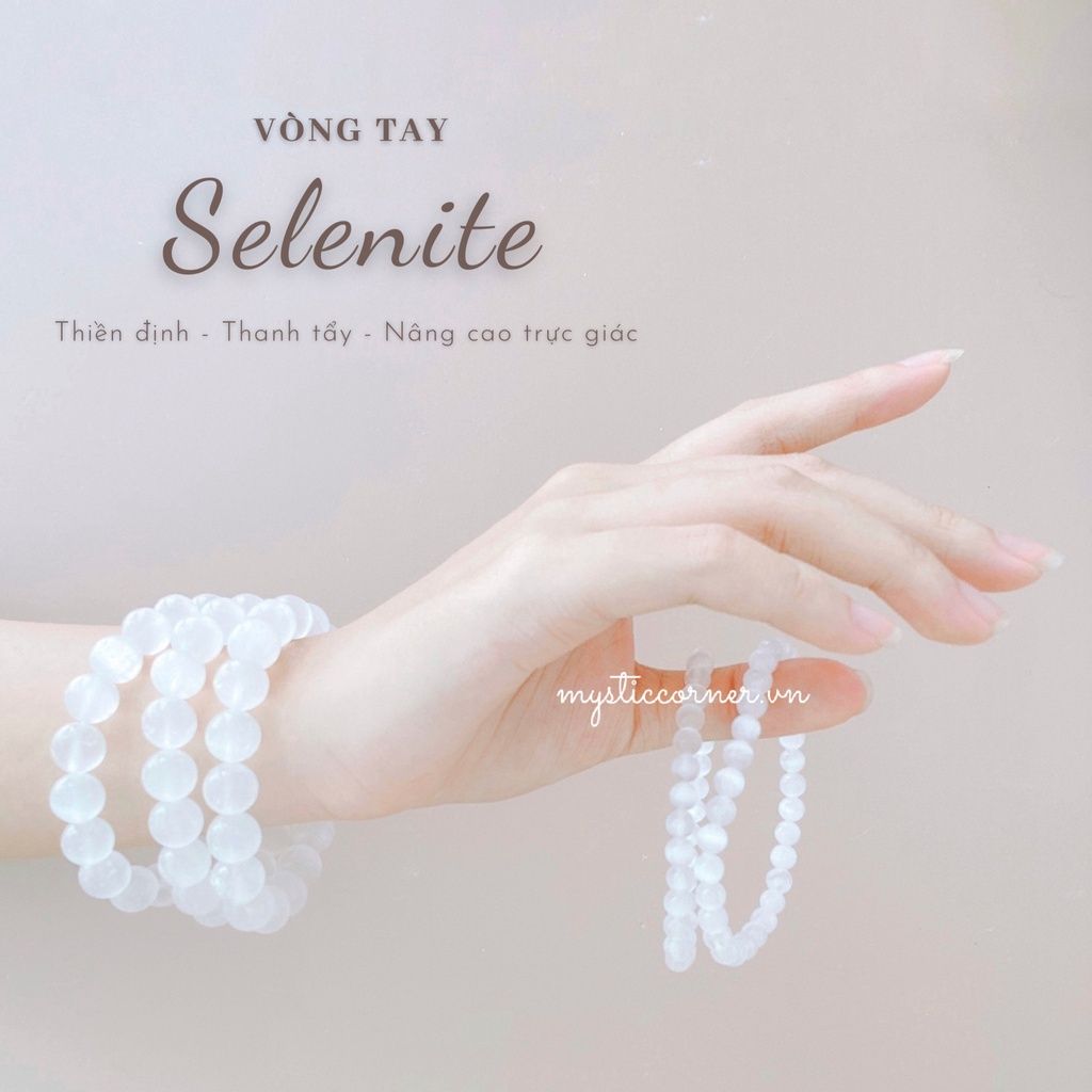 Vòng tay đá Selenite, vòng chuỗi hạt đá 6 li, 8 li