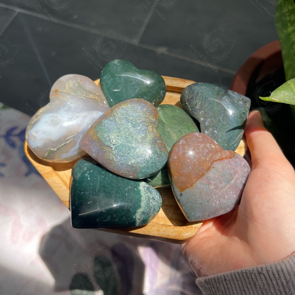 Tim, Sao, Trăng đá mã não rêu (Moss Agate) tự nhiên dùng thanh tẩy Tarot, đá phong thuỷ, Reiki, thiền định