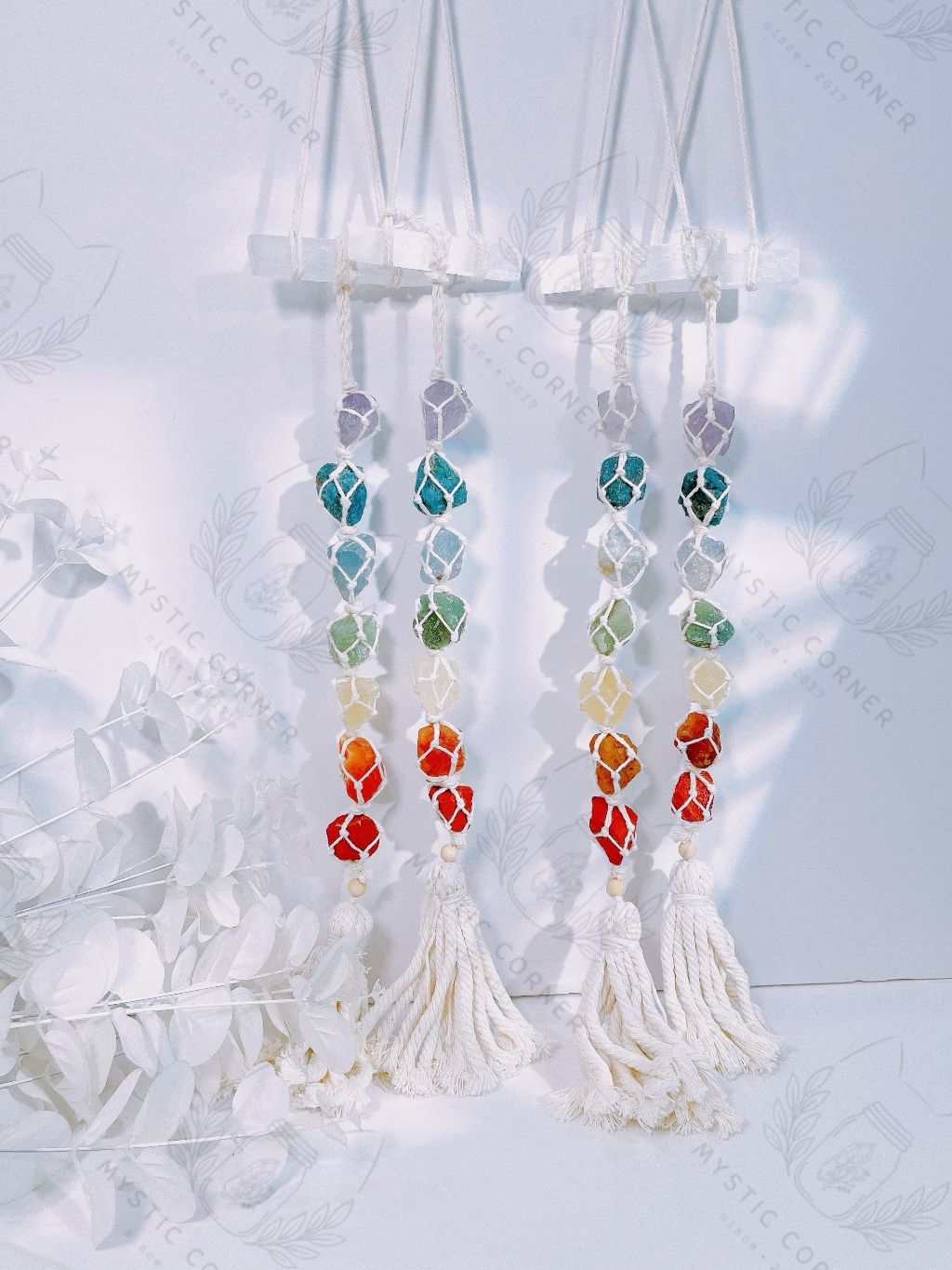 Dây treo đá thạch anh thô 7 luân xa kèm thanh Selenite, đá thanh tẩy, reiki