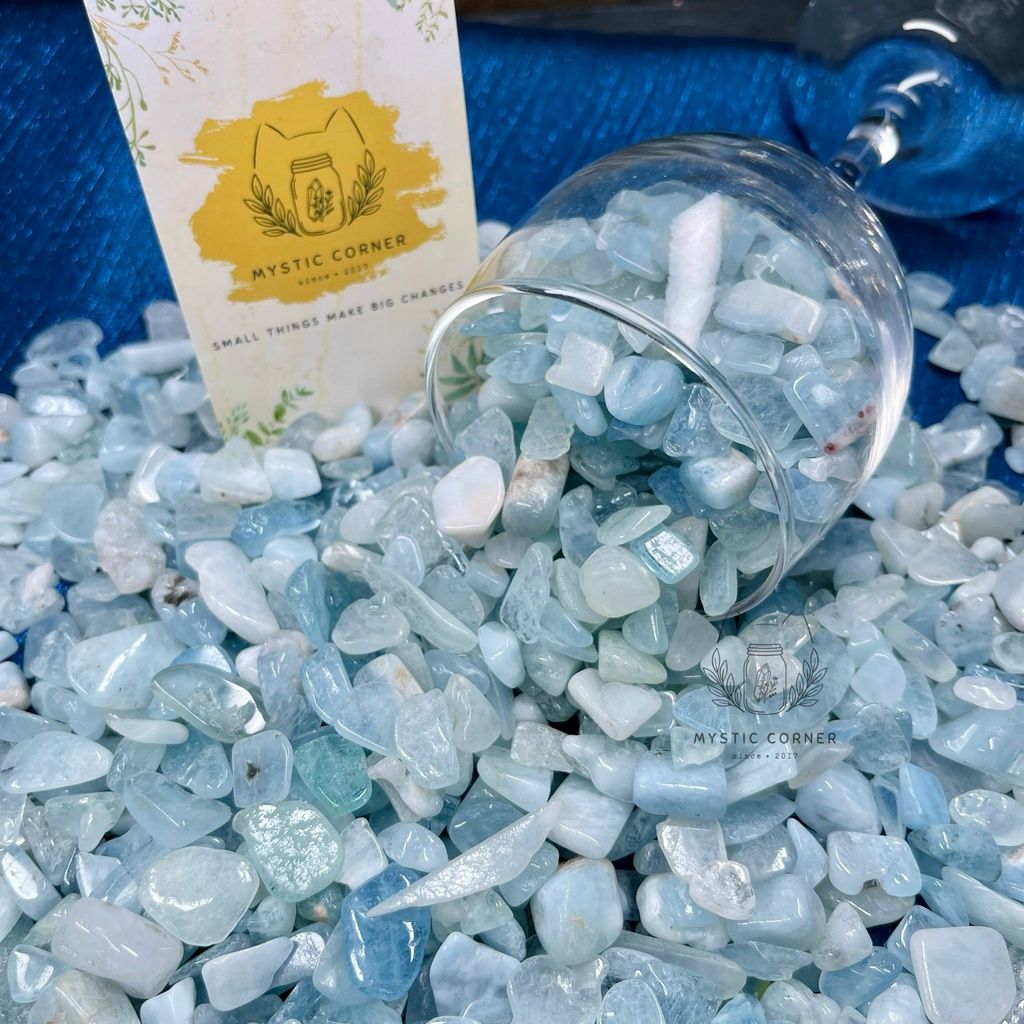 Vụn đá Aquamarine hỗ trợ học tập, luân xa 5, đá thanh tẩy, đá thạch anh, đá phong thuỷ