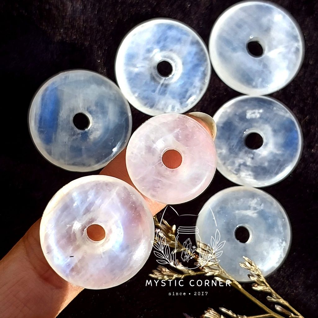 Đồng điếu Moonstone (đá Mặt Trăng) chất trong, ánh lửa xanh chất lượng cao, dùng làm trang sức, phong thủy, Reiki