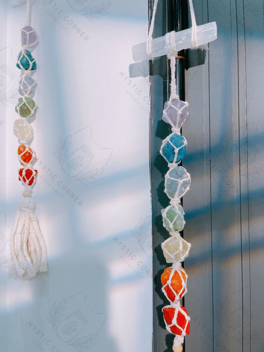 Dây treo đá thạch anh thô 7 luân xa kèm thanh Selenite, đá thanh tẩy, reiki