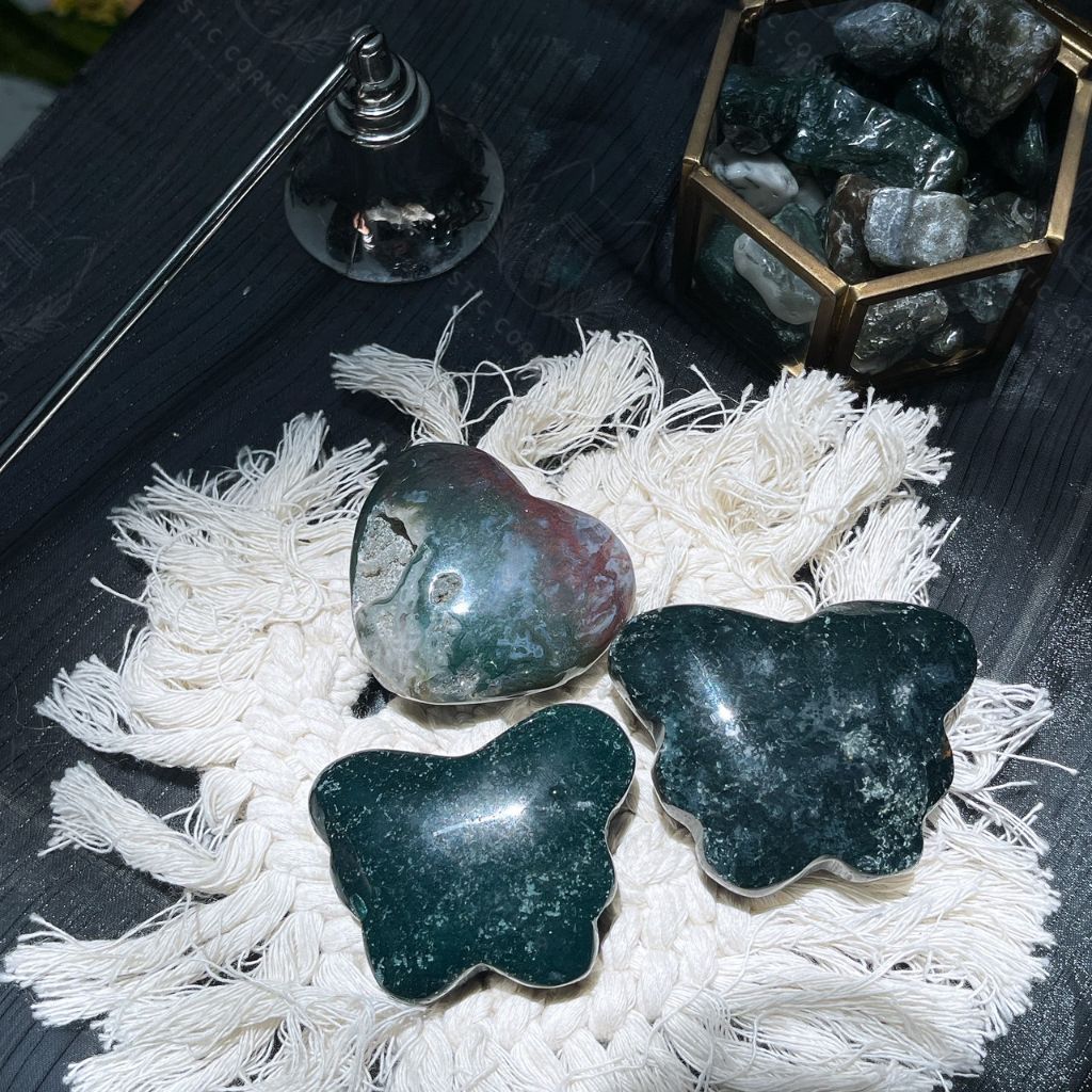 Tim, Sao, Trăng đá mã não rêu (Moss Agate) tự nhiên dùng thanh tẩy Tarot, đá phong thuỷ, Reiki, thiền định