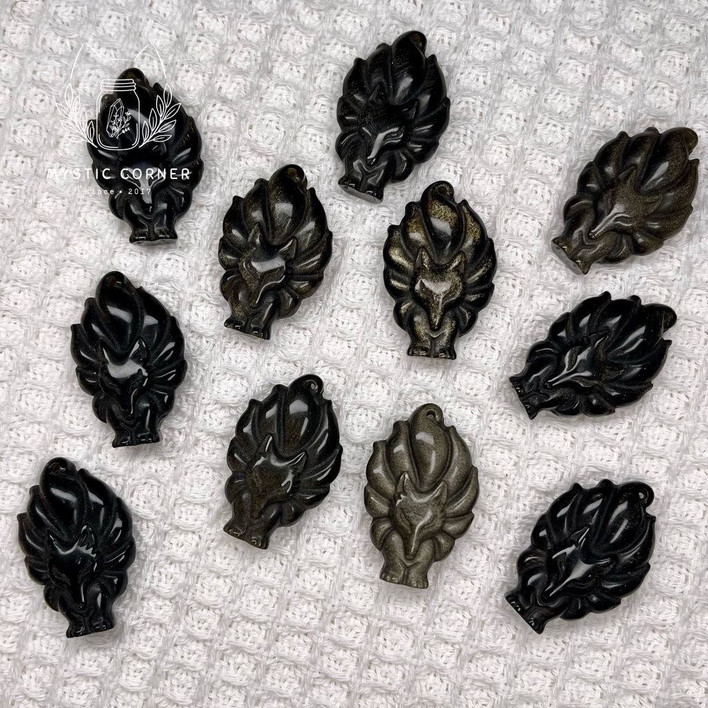 Mặt dây chuyền Hồ Ly 9 đuôi đá Obsidian Gold Sheen tự nhiên