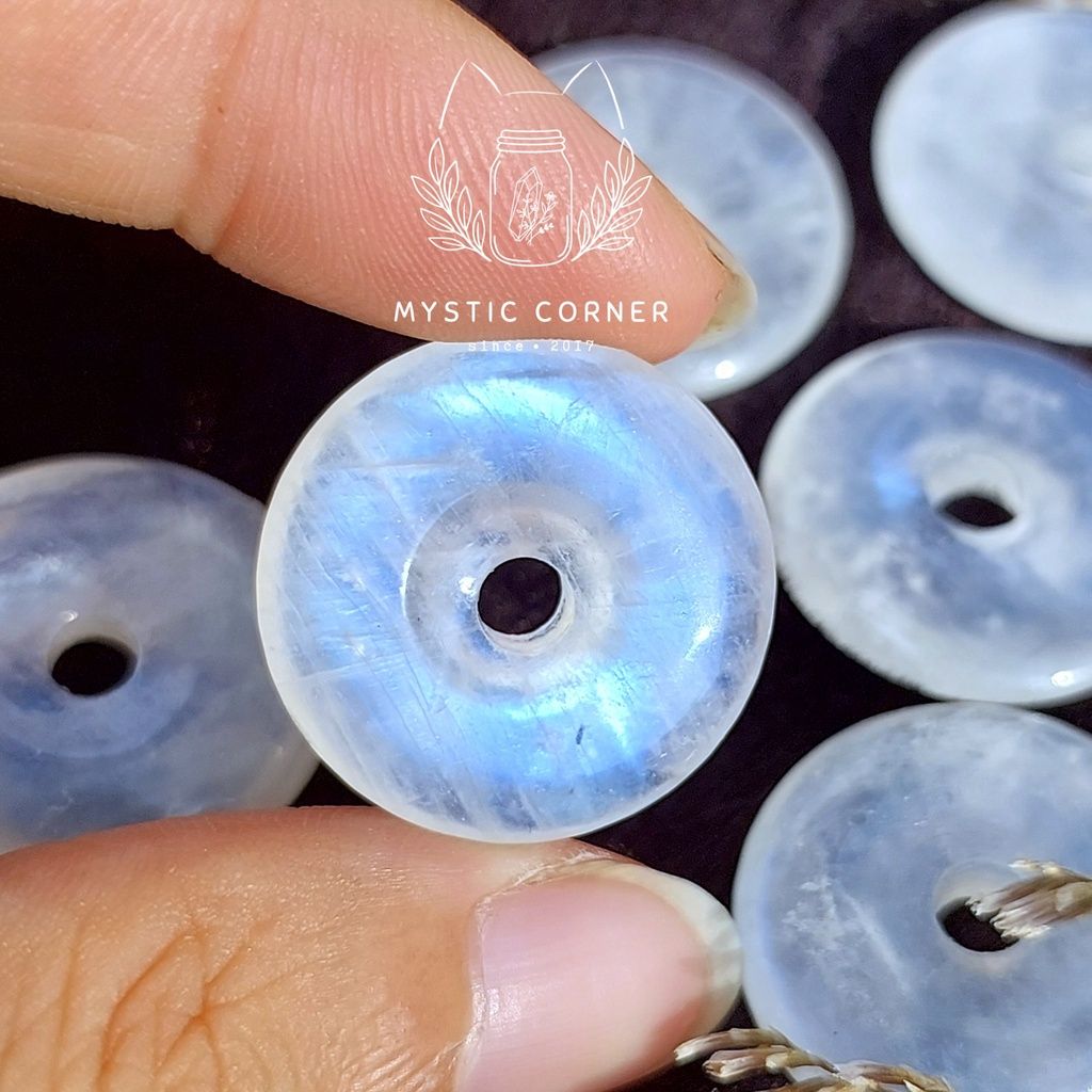 Đồng điếu Moonstone (đá Mặt Trăng) chất trong, ánh lửa xanh chất lượng cao, dùng làm trang sức, phong thủy, Reiki