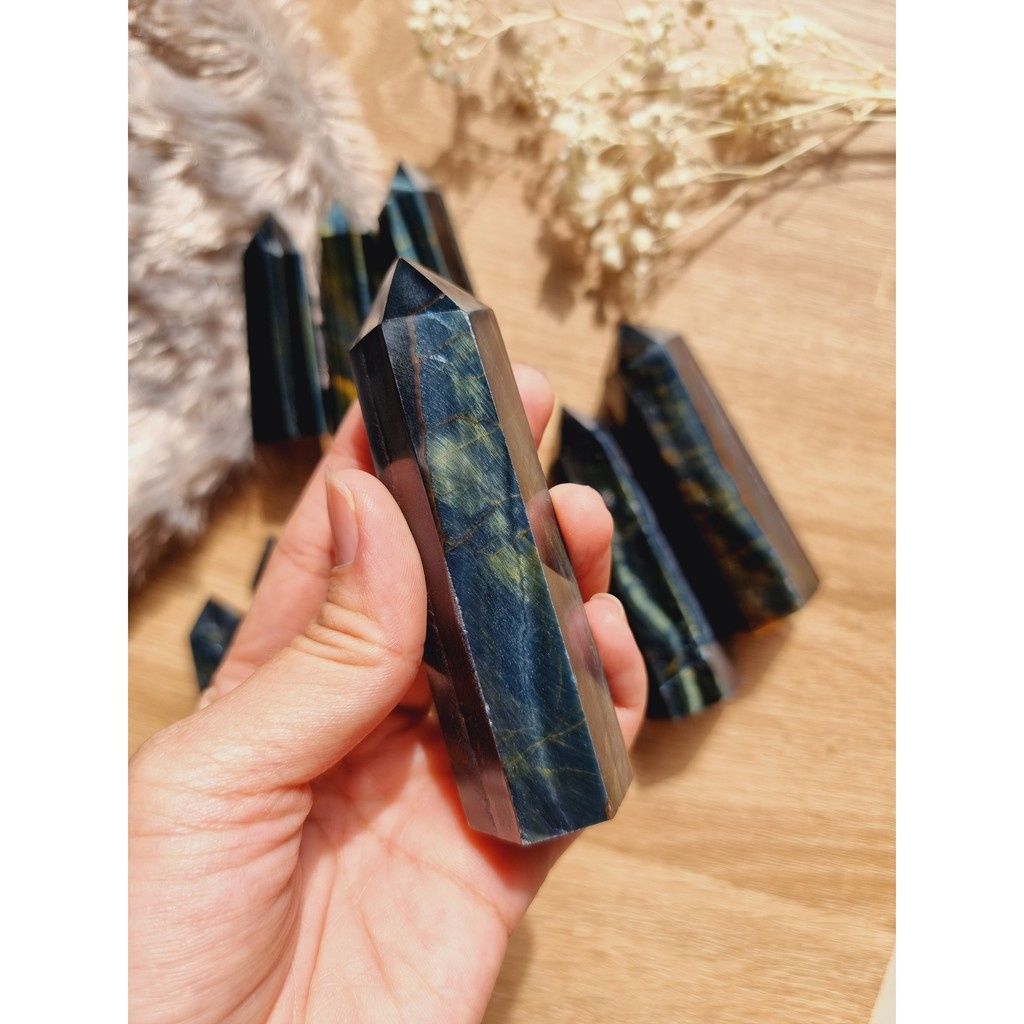 Trụ đá thanh tẩy Mắt Hổ Xanh (Blue Tiger's Eye), trụ đá thạch anh dùng trong bài Tarot, thiền định, Reiki, đá phong thủy