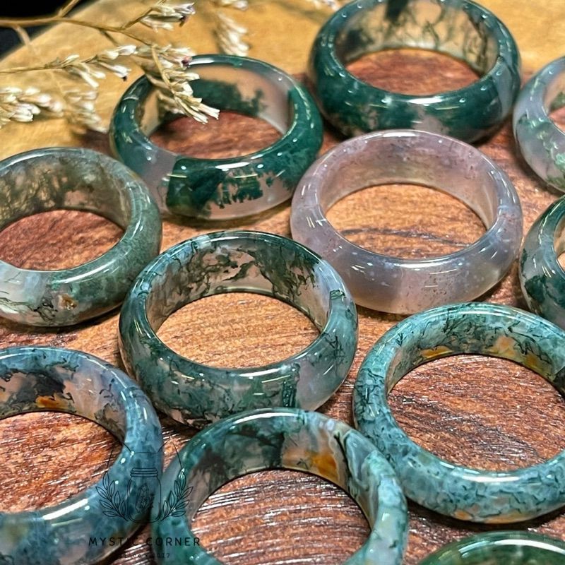 Nhẫn rêu Băng Ngọc Thuỷ Tảo (Moss Agate) đá mã não, đá phong thuỷ