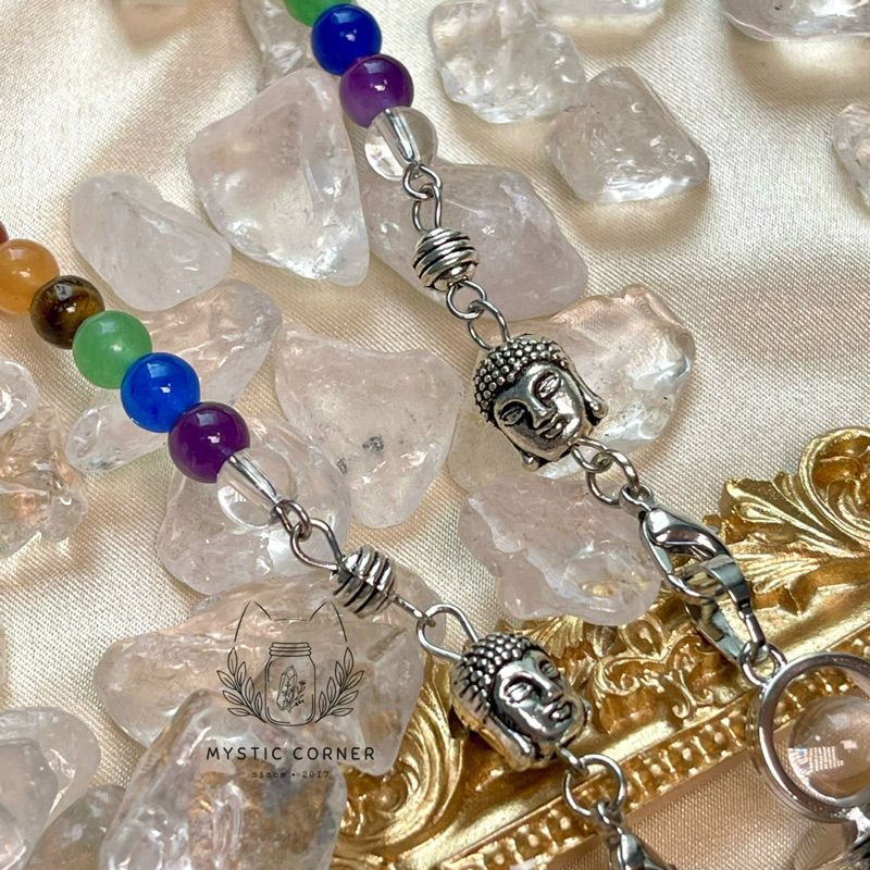 Con lắc cảm xạ đá thạch anh tím Amethyst Quartz dây 7 luân xa charm Buddha, Om