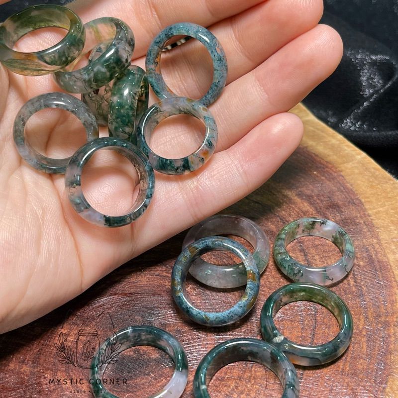 Nhẫn rêu Băng Ngọc Thuỷ Tảo (Moss Agate) đá mã não, đá phong thuỷ