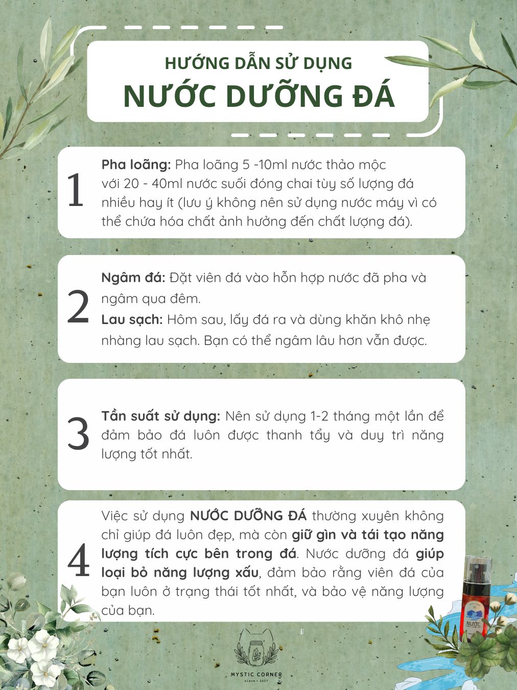 Nước cất thảo mộc dưỡng đá, nước thanh tẩy hỗ trợ năng lượng đá tinh thể, đá thạch anh, nước lau vật phẩm phong thủy