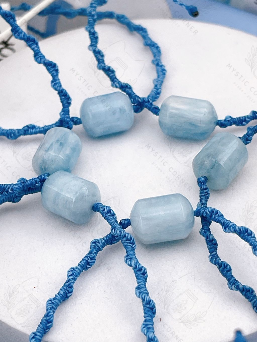 Vòng tay đá phong thuỷ Aquamarine macrame lu thống hỗ trợ luân xa 5, học tập, ý tưởng, giao tiếp, tự tin