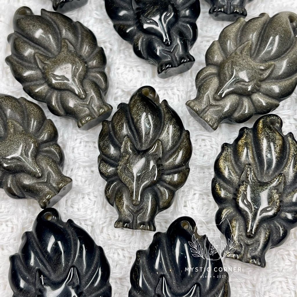 Mặt dây chuyền Hồ Ly 9 đuôi đá Obsidian Gold Sheen tự nhiên