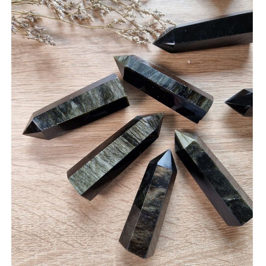 Trụ đá thanh tẩy Black Obsidian Gold Sheen, trụ đá thạch anh dùng trong Tarot, Reiki, đá phong thủy