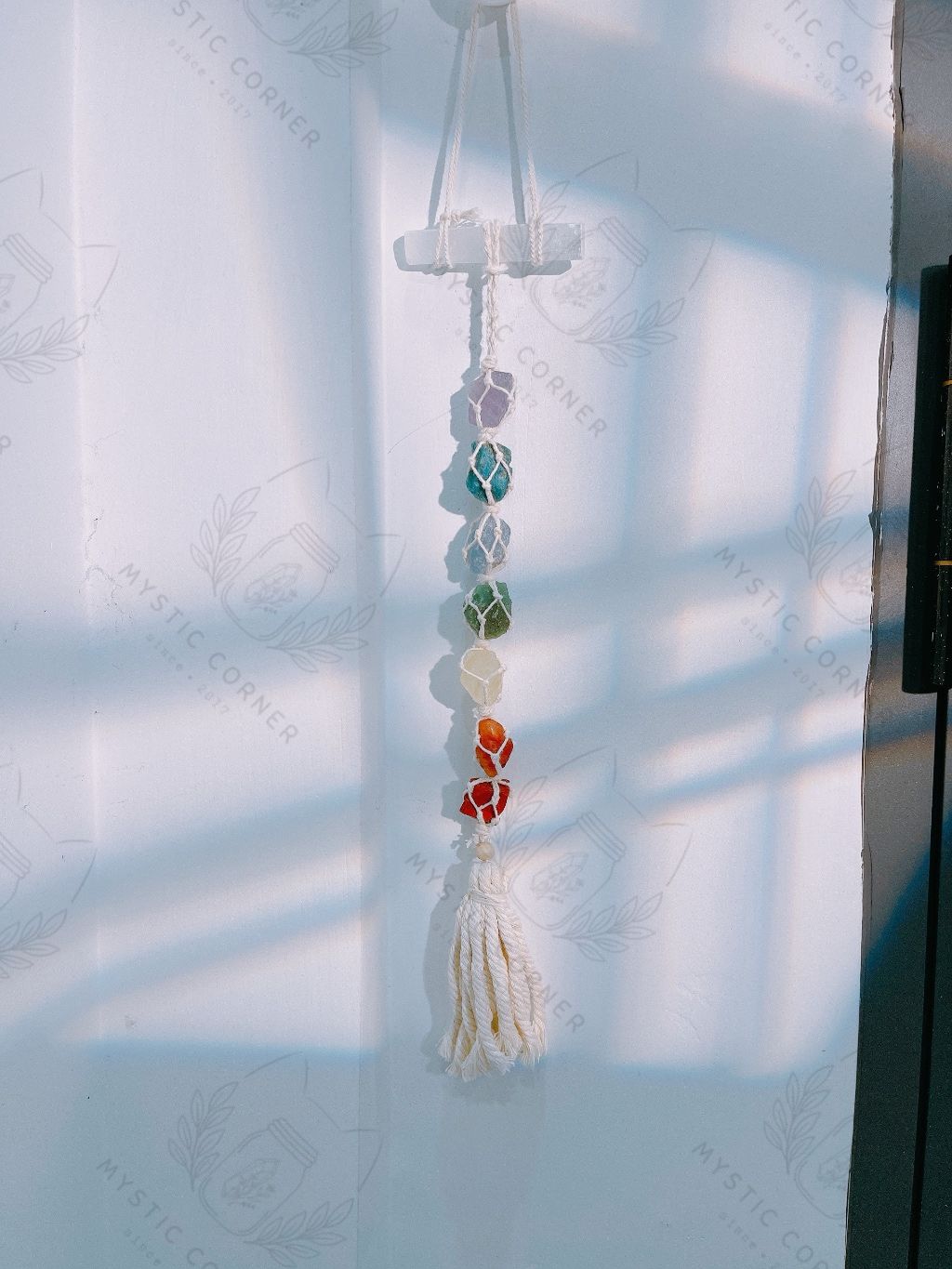 Dây treo đá thạch anh thô 7 luân xa kèm thanh Selenite, đá thanh tẩy, reiki